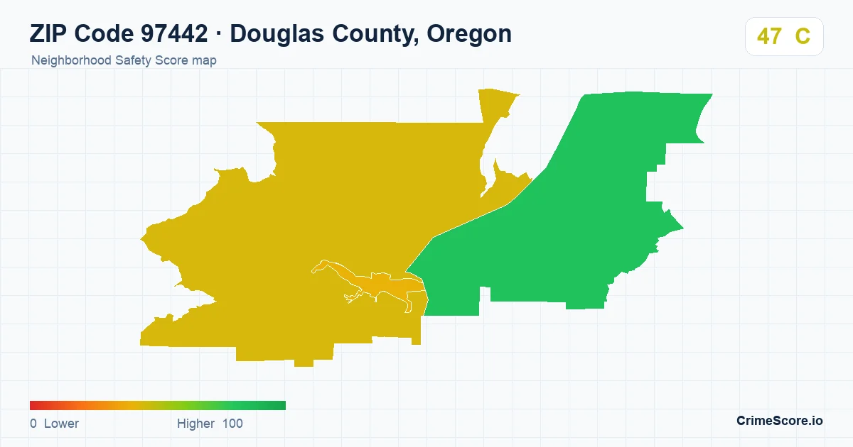 ZIP Code 97442 in Douglas County, Oregon neighborhood Safety Score map