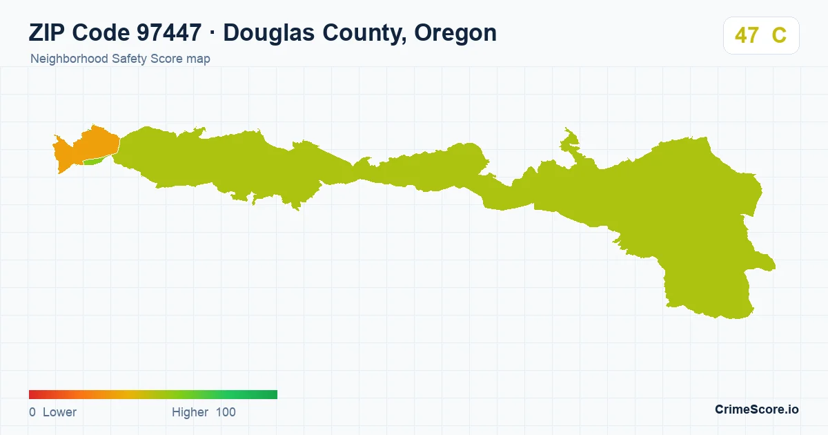 ZIP Code 97447 in Douglas County, Oregon neighborhood Safety Score map