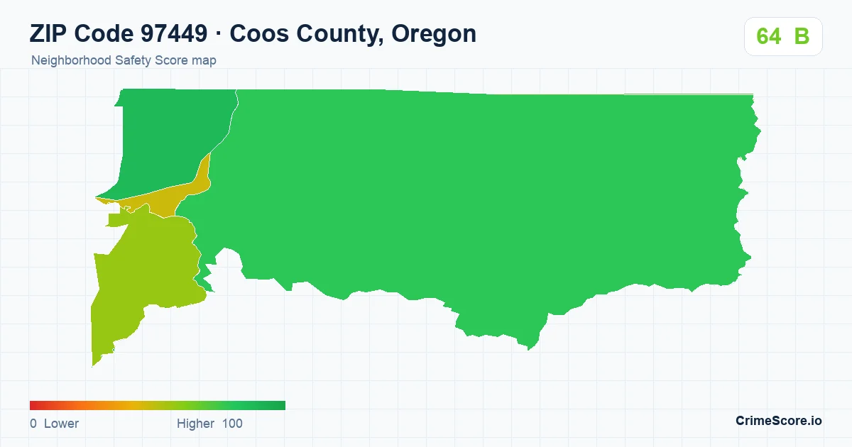 ZIP Code 97449 in Coos County, Oregon neighborhood Safety Score map