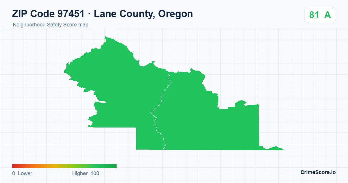 ZIP Code 97451 in Lane County, Oregon neighborhood Safety Score map