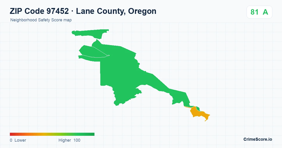 ZIP Code 97452 in Lane County, Oregon neighborhood Safety Score map