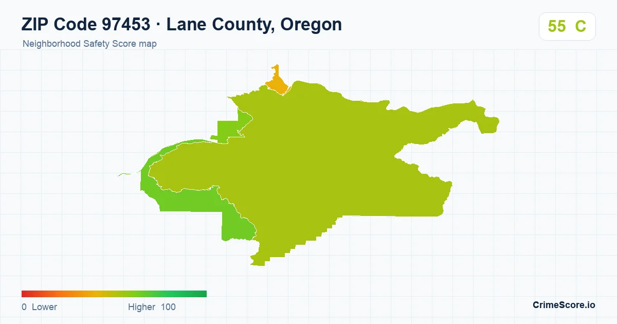 ZIP Code 97453 in Lane County, Oregon neighborhood Safety Score map