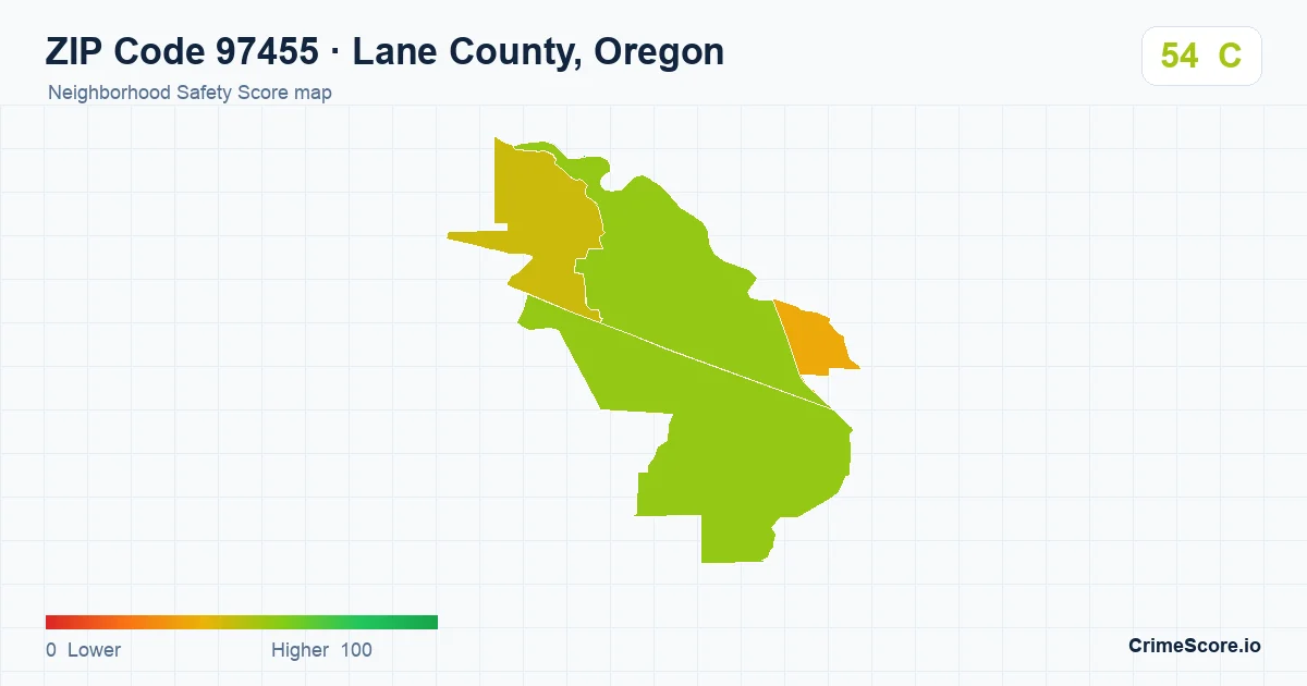 ZIP Code 97455 in Lane County, Oregon neighborhood Safety Score map