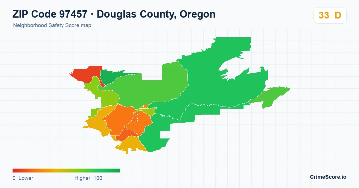 ZIP Code 97457 in Douglas County, Oregon neighborhood Safety Score map