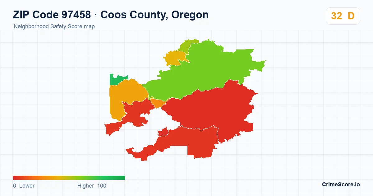 ZIP Code 97458 in Coos County, Oregon neighborhood Safety Score map