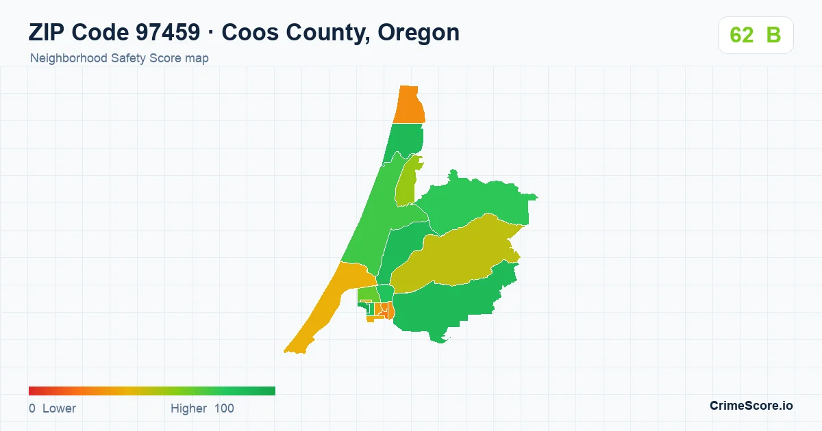 ZIP Code 97459 in Coos County, Oregon neighborhood Safety Score map