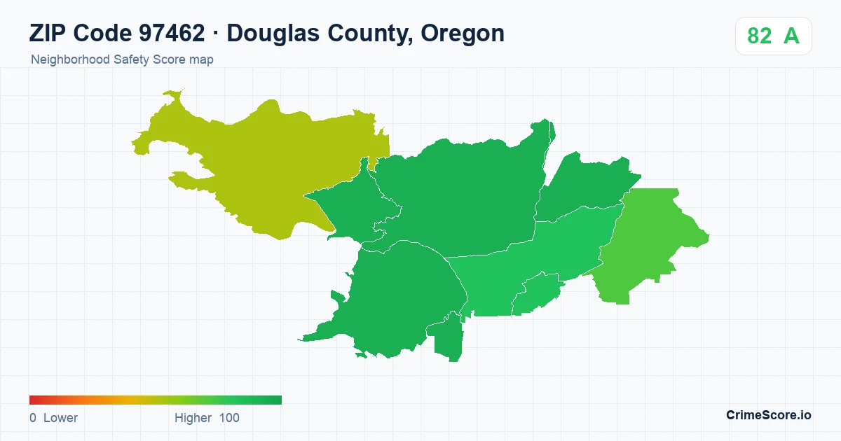 ZIP Code 97462 in Douglas County, Oregon neighborhood Safety Score map
