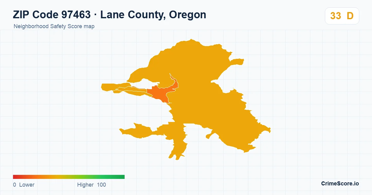 ZIP Code 97463 in Lane County, Oregon neighborhood Safety Score map