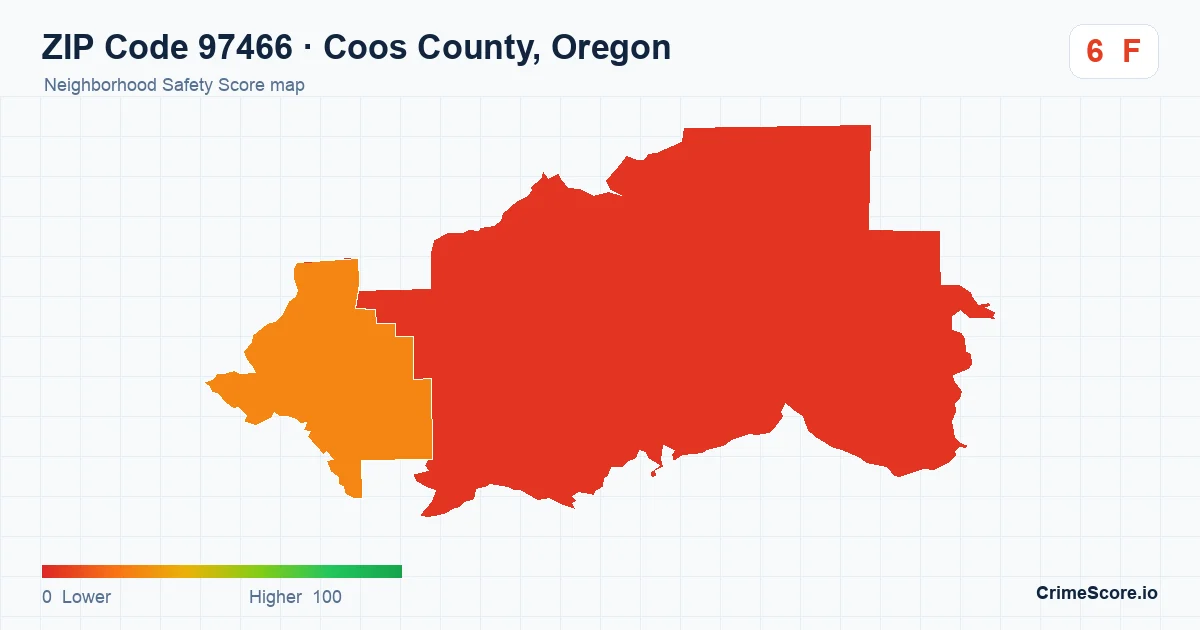 ZIP Code 97466 in Coos County, Oregon neighborhood Safety Score map