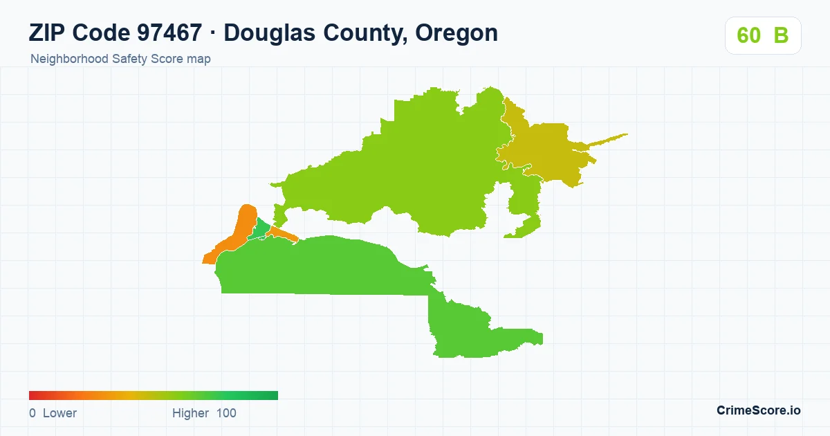 ZIP Code 97467 in Douglas County, Oregon neighborhood Safety Score map