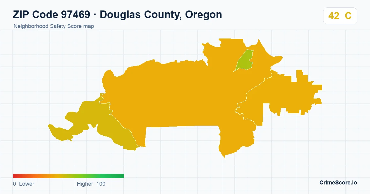 ZIP Code 97469 in Douglas County, Oregon neighborhood Safety Score map