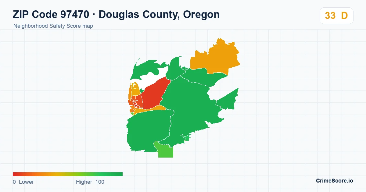 ZIP Code 97470 in Douglas County, Oregon neighborhood Safety Score map
