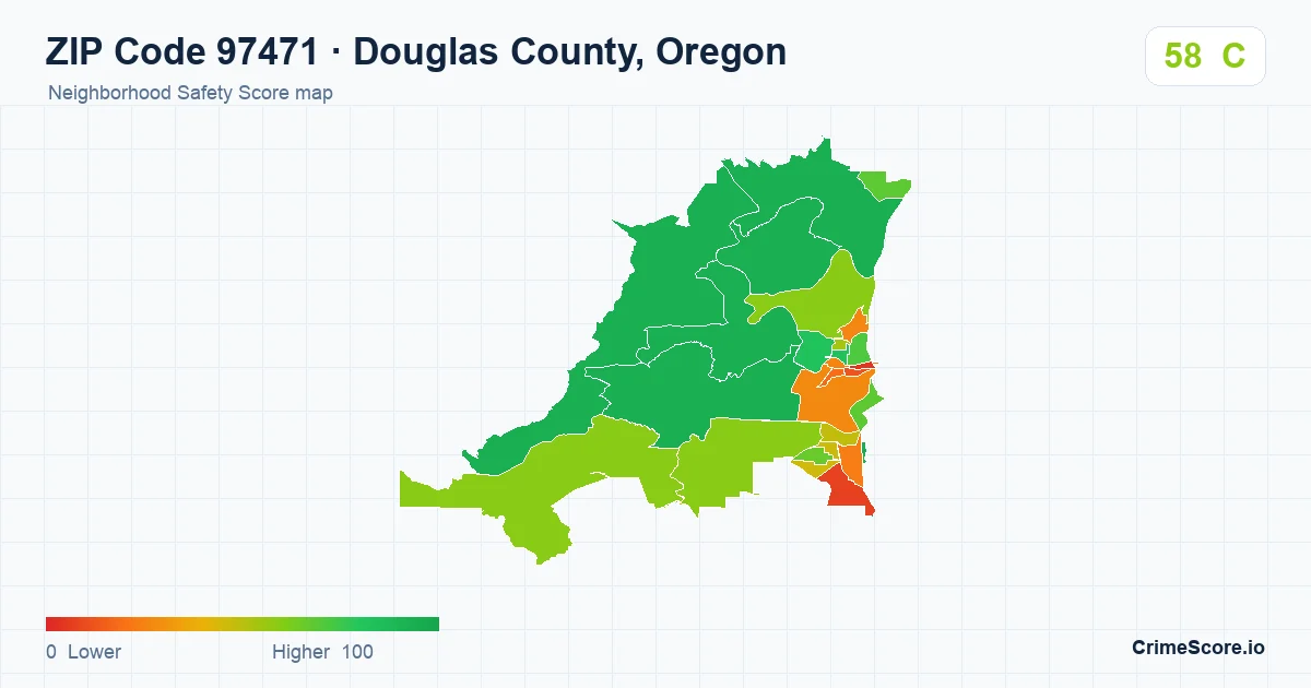 ZIP Code 97471 in Douglas County, Oregon neighborhood Safety Score map