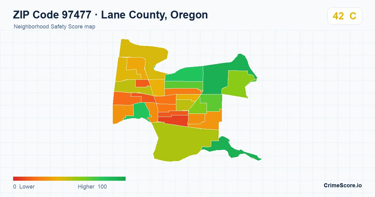 ZIP Code 97477 in Lane County, Oregon neighborhood Safety Score map