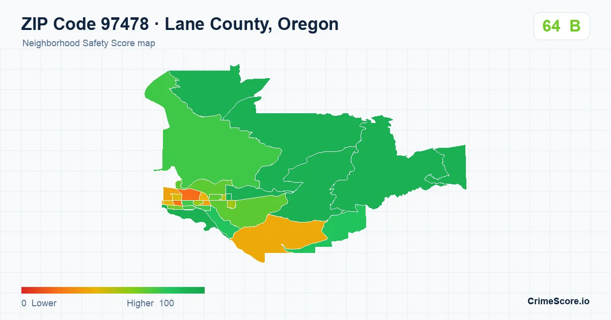 ZIP Code 97478 in Lane County, Oregon neighborhood Safety Score map