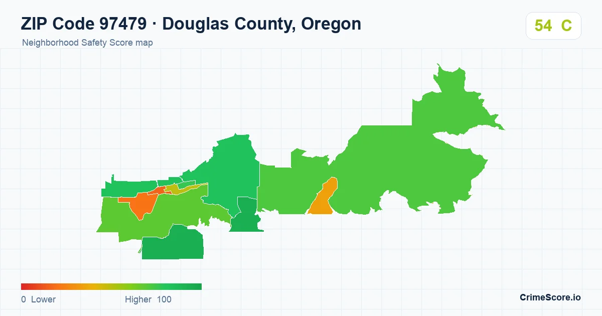 ZIP Code 97479 in Douglas County, Oregon neighborhood Safety Score map