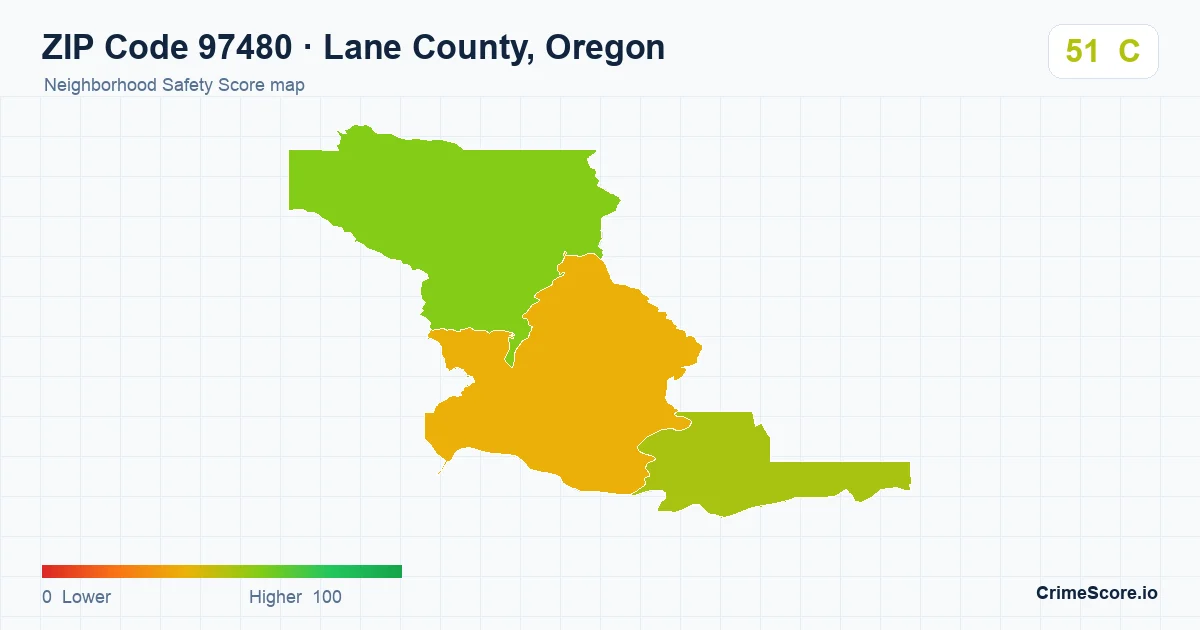 ZIP Code 97480 in Lane County, Oregon neighborhood Safety Score map