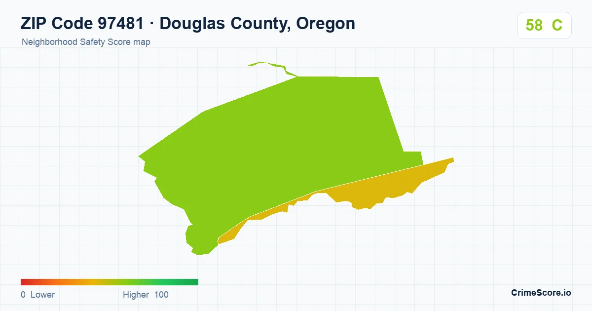 ZIP Code 97481 in Douglas County, Oregon neighborhood Safety Score map