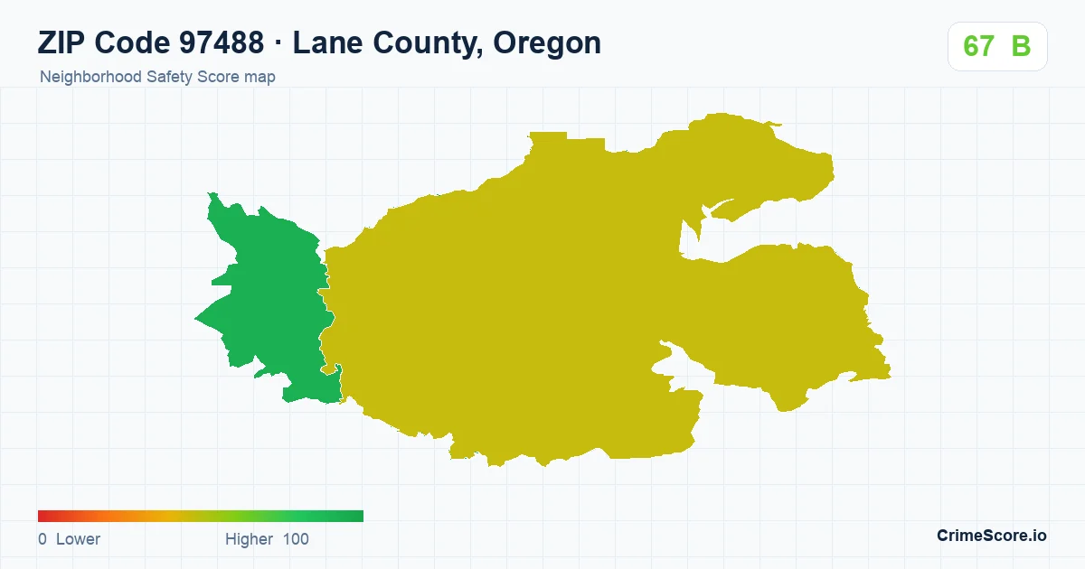 ZIP Code 97488 in Lane County, Oregon neighborhood Safety Score map