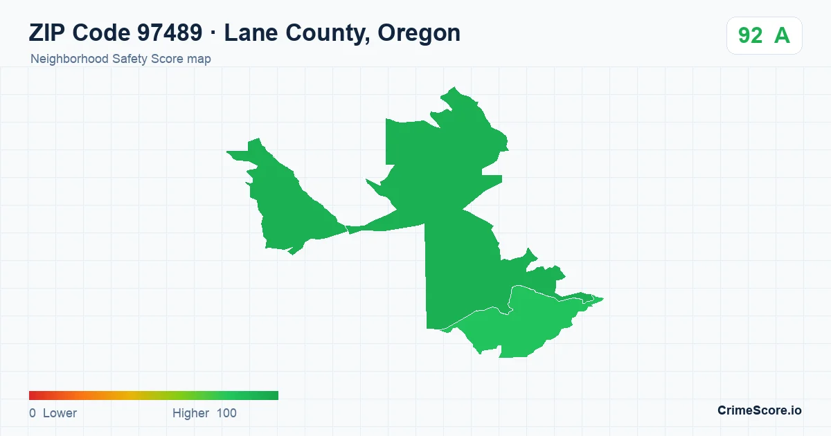 ZIP Code 97489 in Lane County, Oregon neighborhood Safety Score map