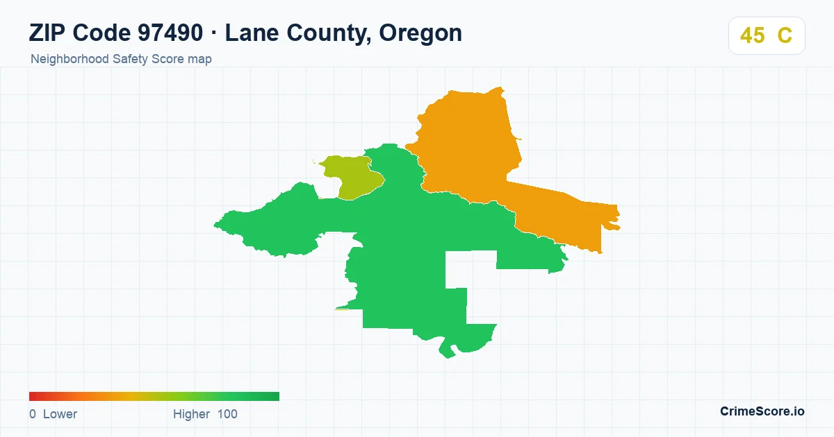ZIP Code 97490 in Lane County, Oregon neighborhood Safety Score map