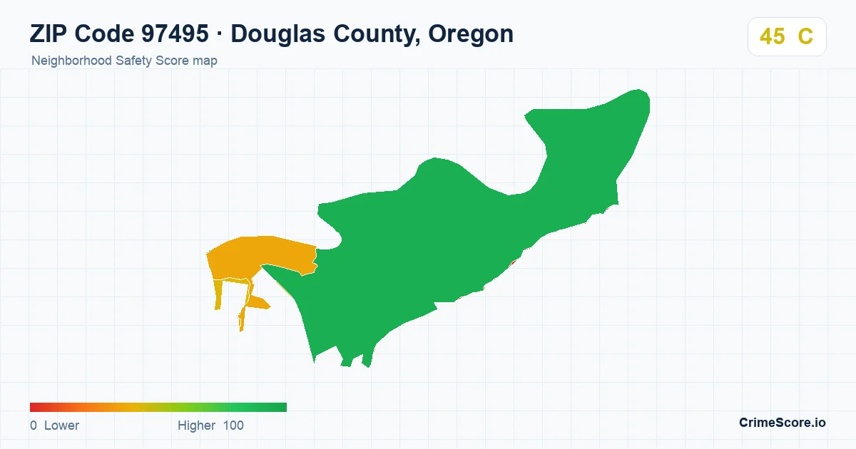 ZIP Code 97495 in Douglas County, Oregon neighborhood Safety Score map