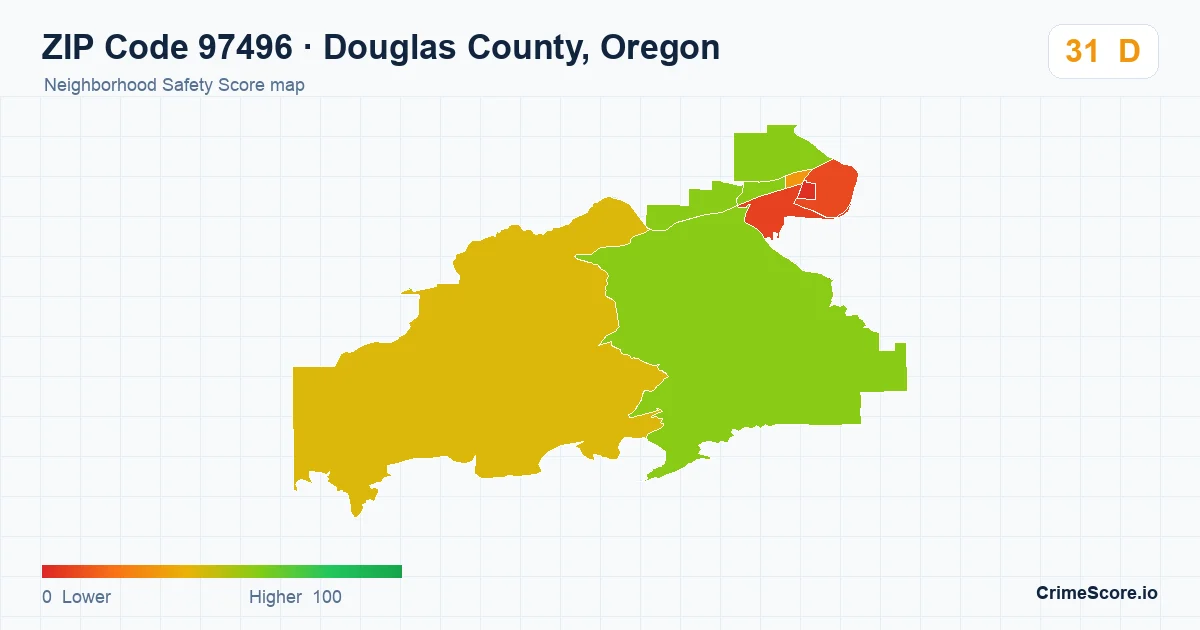 ZIP Code 97496 in Douglas County, Oregon neighborhood Safety Score map