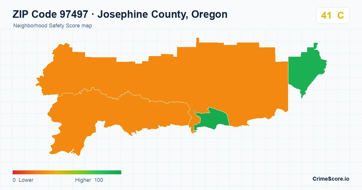 ZIP Code 97497 in Josephine County, Oregon neighborhood Safety Score map