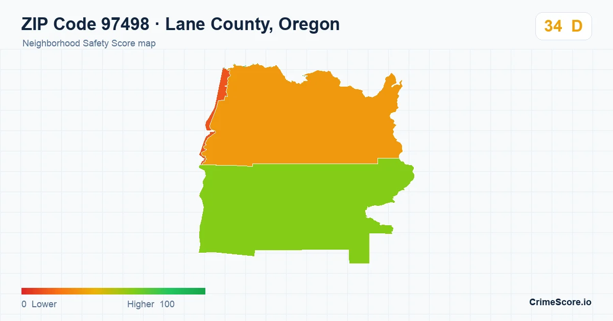 ZIP Code 97498 in Lane County, Oregon neighborhood Safety Score map