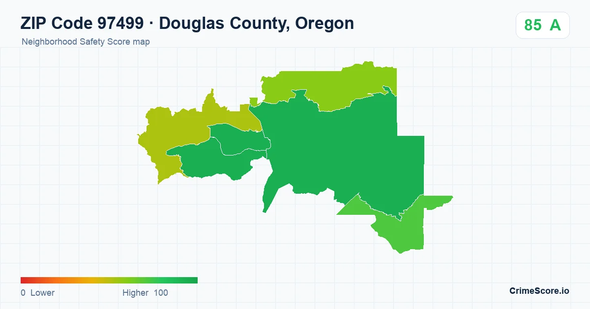 ZIP Code 97499 in Douglas County, Oregon neighborhood Safety Score map