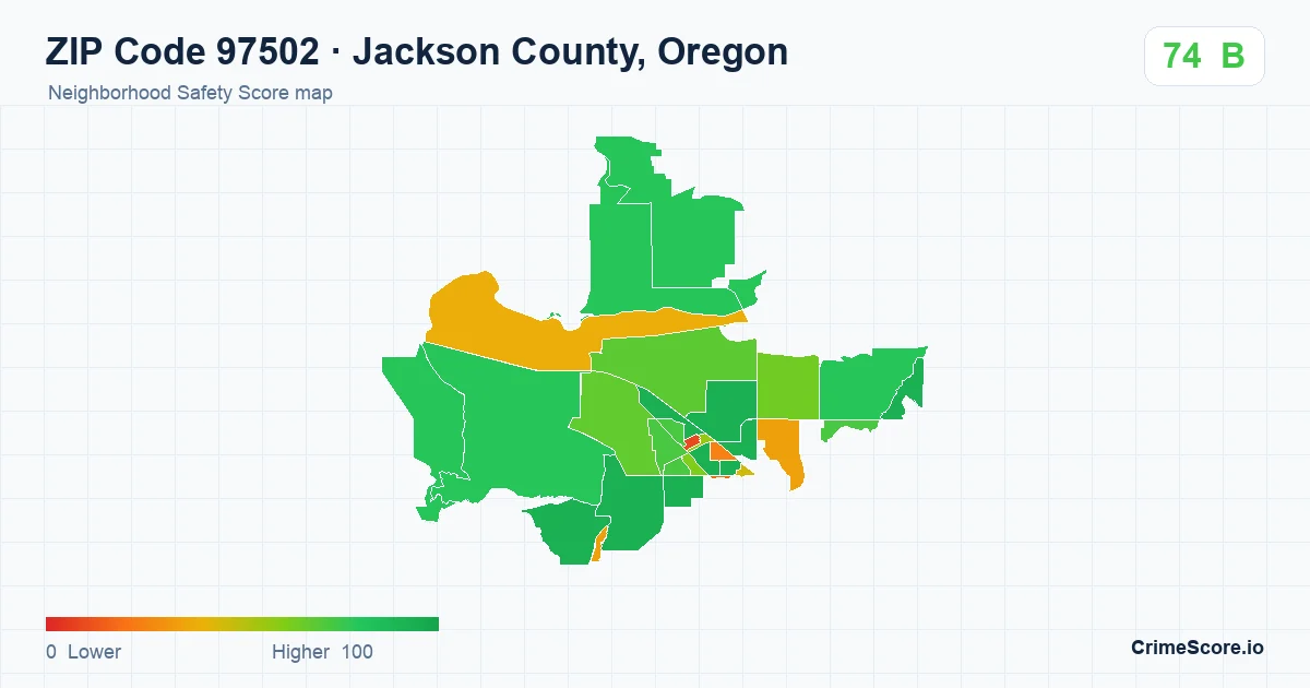 ZIP Code 97502 in Jackson County, Oregon neighborhood Safety Score map