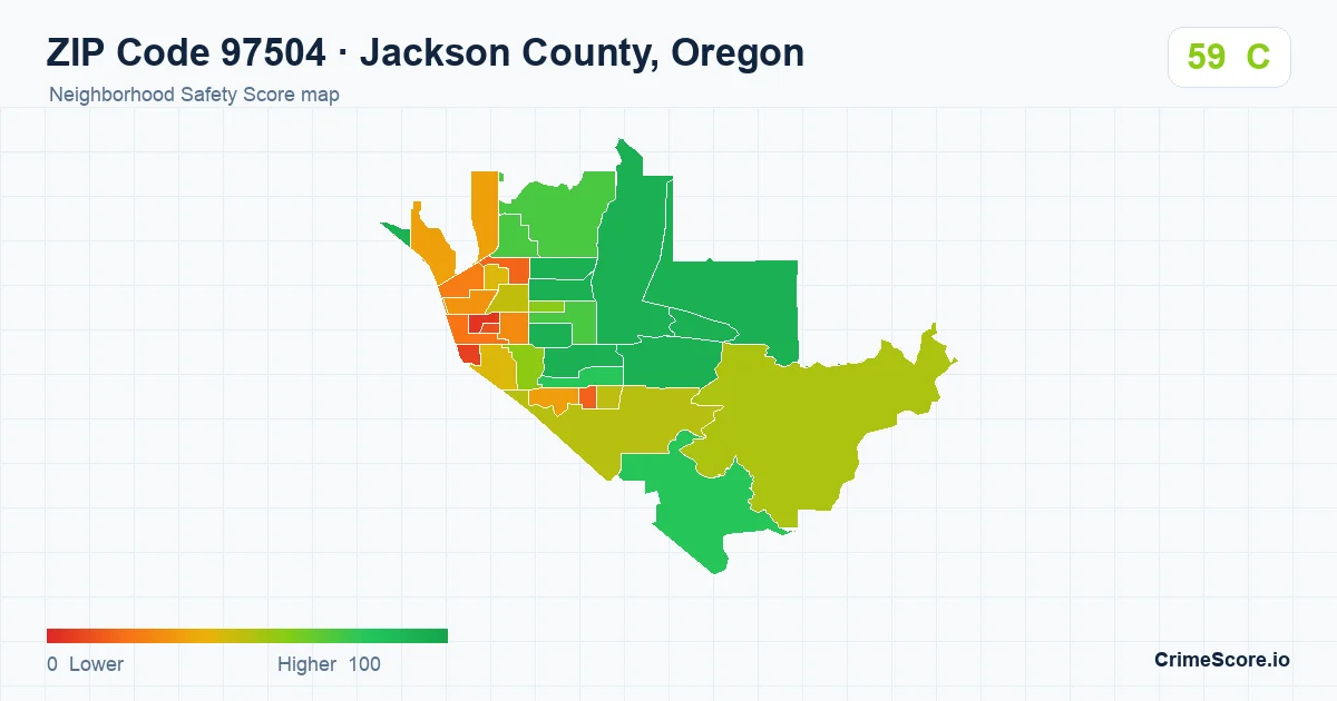 ZIP Code 97504 in Jackson County, Oregon neighborhood Safety Score map