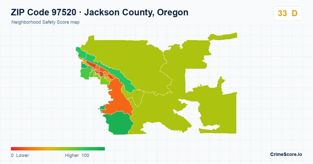 ZIP Code 97520 in Jackson County, Oregon neighborhood Safety Score map