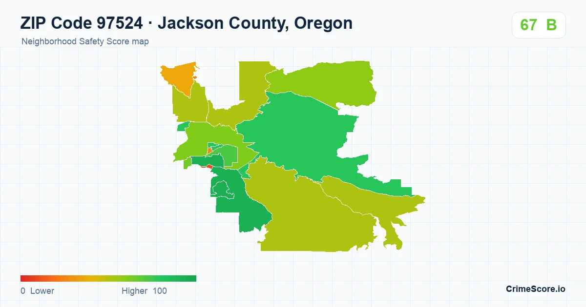 ZIP Code 97524 in Jackson County, Oregon neighborhood Safety Score map