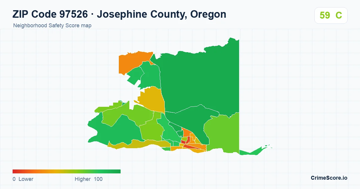 ZIP Code 97526 in Josephine County, Oregon neighborhood Safety Score map