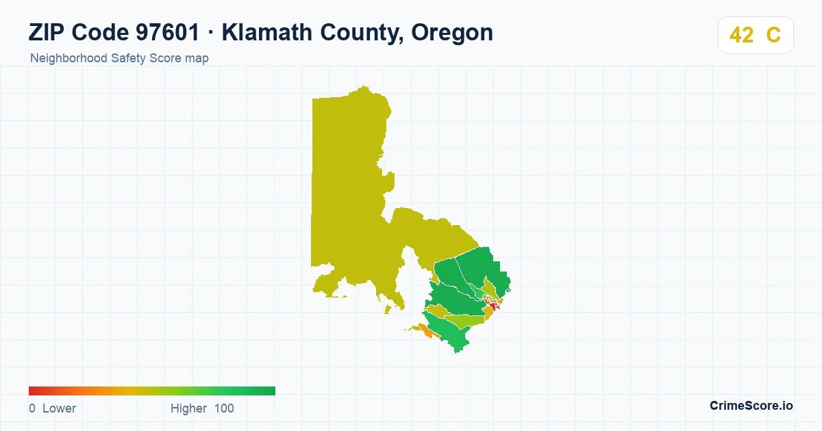 ZIP Code 97601 in Klamath County, Oregon neighborhood Safety Score map