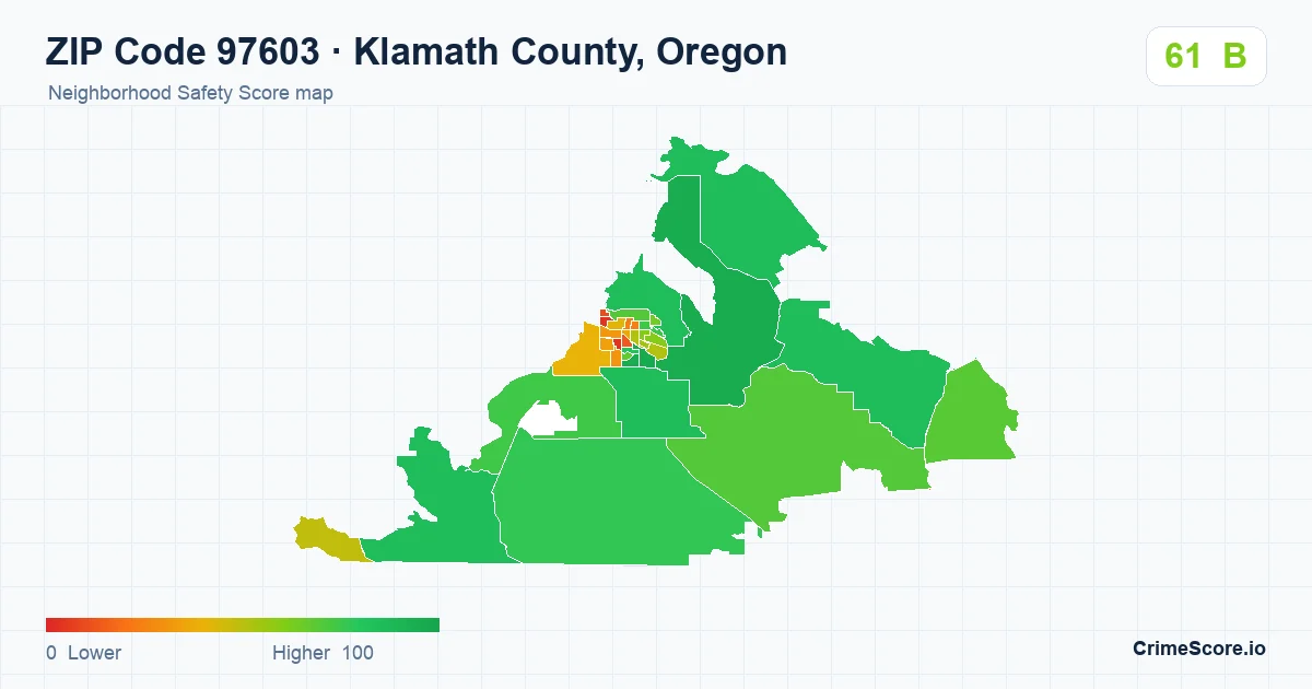 ZIP Code 97603 in Klamath County, Oregon neighborhood Safety Score map