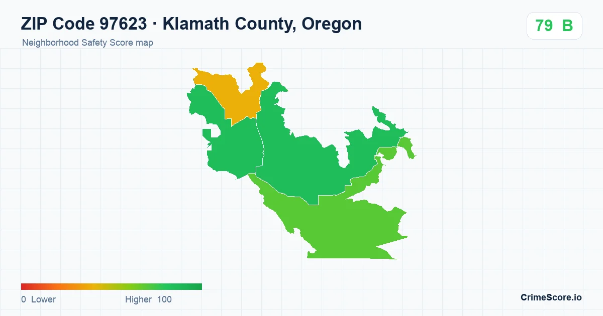 ZIP Code 97623 in Klamath County, Oregon neighborhood Safety Score map