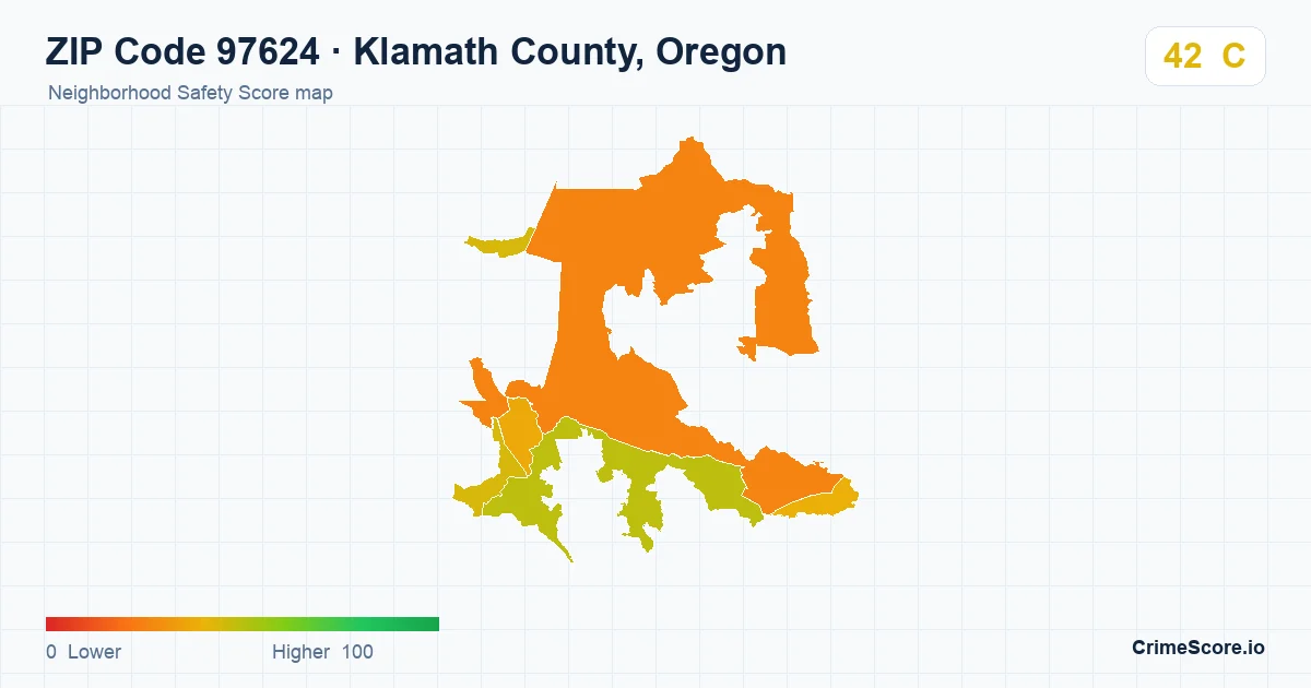 ZIP Code 97624 in Klamath County, Oregon neighborhood Safety Score map