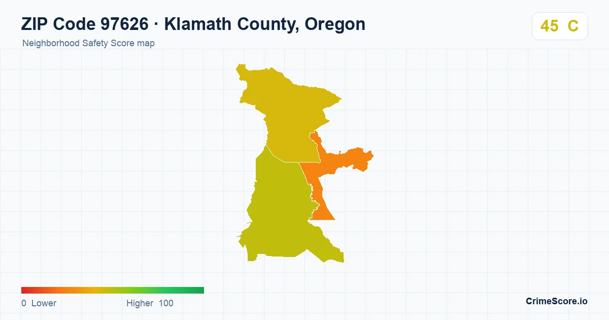 ZIP Code 97626 in Klamath County, Oregon neighborhood Safety Score map