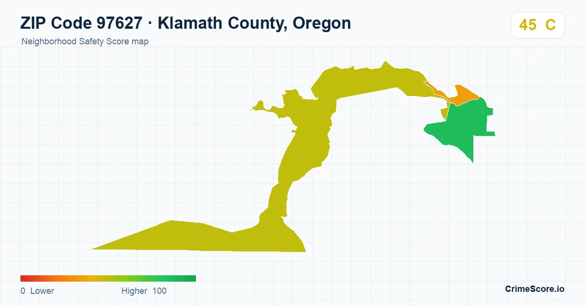 ZIP Code 97627 in Klamath County, Oregon neighborhood Safety Score map