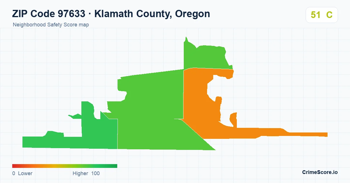 ZIP Code 97633 in Klamath County, Oregon neighborhood Safety Score map