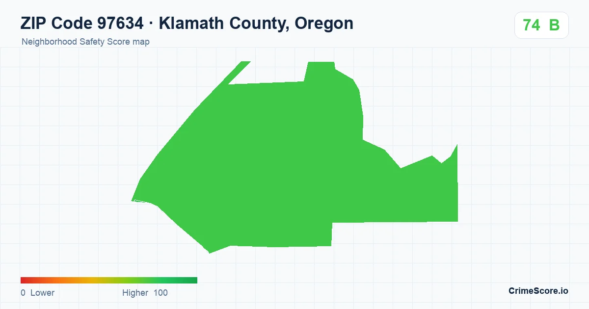 ZIP Code 97634 in Klamath County, Oregon neighborhood Safety Score map
