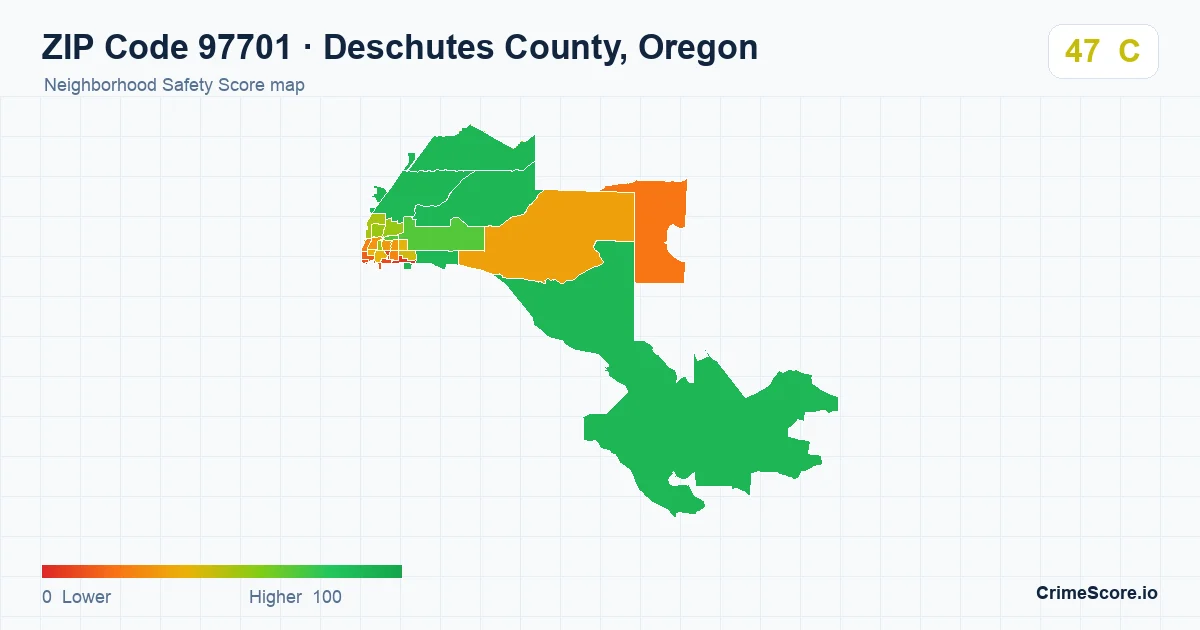 ZIP Code 97701 in Deschutes County, Oregon neighborhood Safety Score map