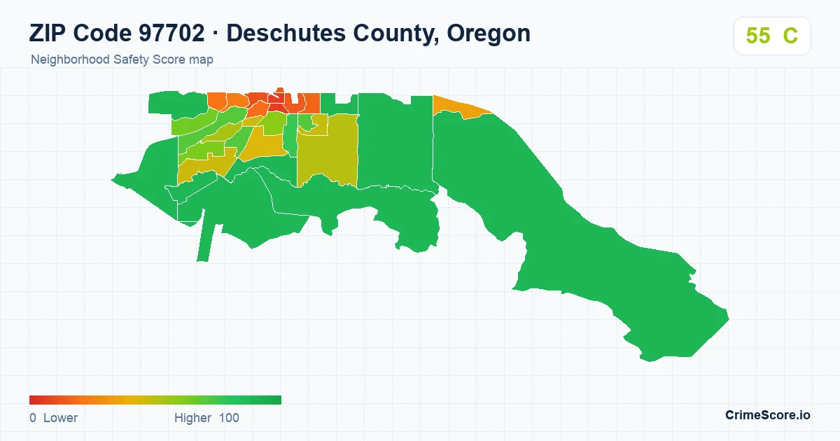 ZIP Code 97702 in Deschutes County, Oregon neighborhood Safety Score map