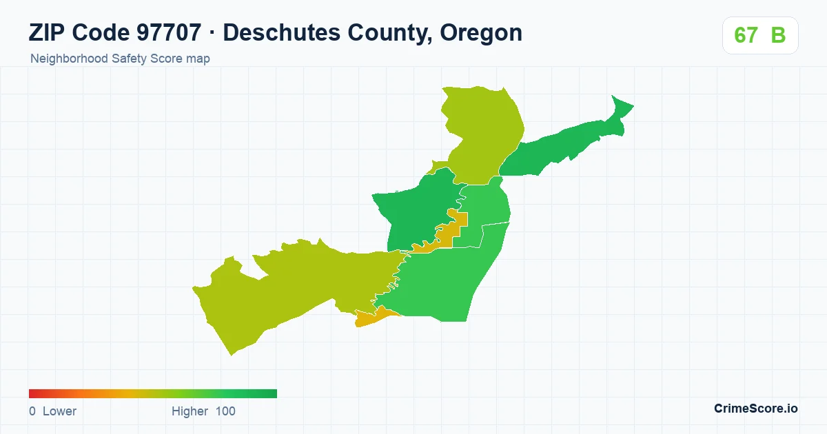 ZIP Code 97707 in Deschutes County, Oregon neighborhood Safety Score map