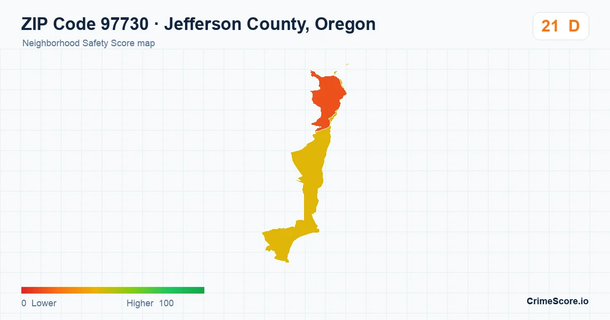 ZIP Code 97730 in Jefferson County, Oregon neighborhood Safety Score map