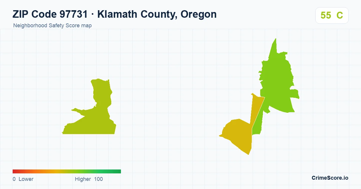 ZIP Code 97731 in Klamath County, Oregon neighborhood Safety Score map