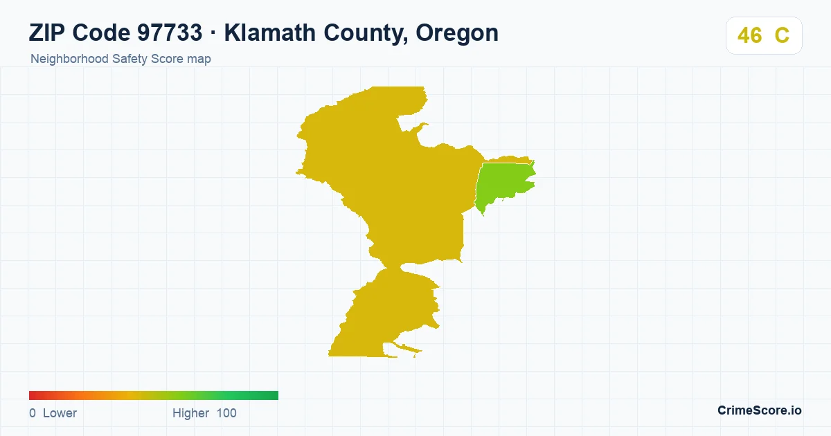 ZIP Code 97733 in Klamath County, Oregon neighborhood Safety Score map