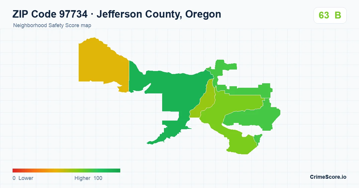 ZIP Code 97734 in Jefferson County, Oregon neighborhood Safety Score map